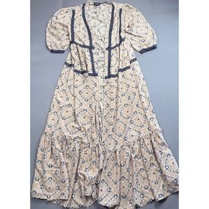 GiGiO Women's Maxi Wrap Dress Small Beige Navy Paisley Print‎ Bohemian Midi